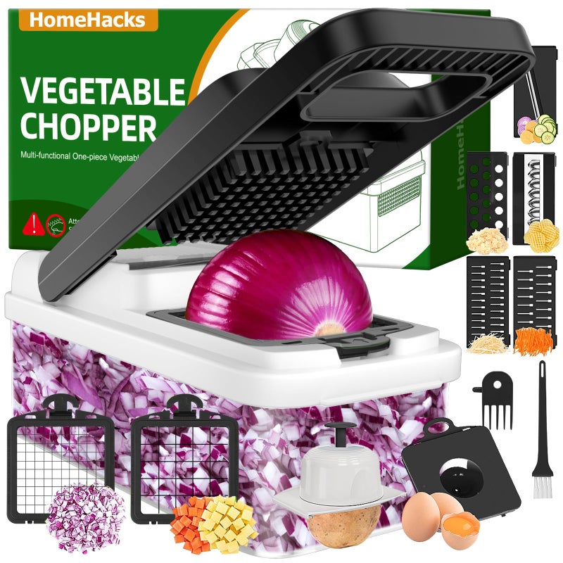 HomeHacks Vegetable Chopper Vegetable Cutter, 12 in 1 Kitchen Gadget, Dicer, Slicer, Onion Cutter, Salad, Cheese Grater & Egg Separator - Multi-Functional Veggie Chopper Lid with Handle (White) - Image 1