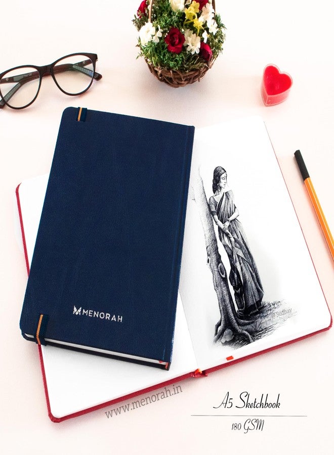 MENORAH ورق مينورا - مقاس A5 - دفتر رسم للفنانين - 180 غرام/م² (100 صفحة / 50 ورقة) - دفتر رسم فني - (21.0 سم × 14.8 سم) - غلاف مقوى - مصنوع يدويًا بالكامل - رسم بورتريه (أزرق)، ألوان زيتية - Image 4