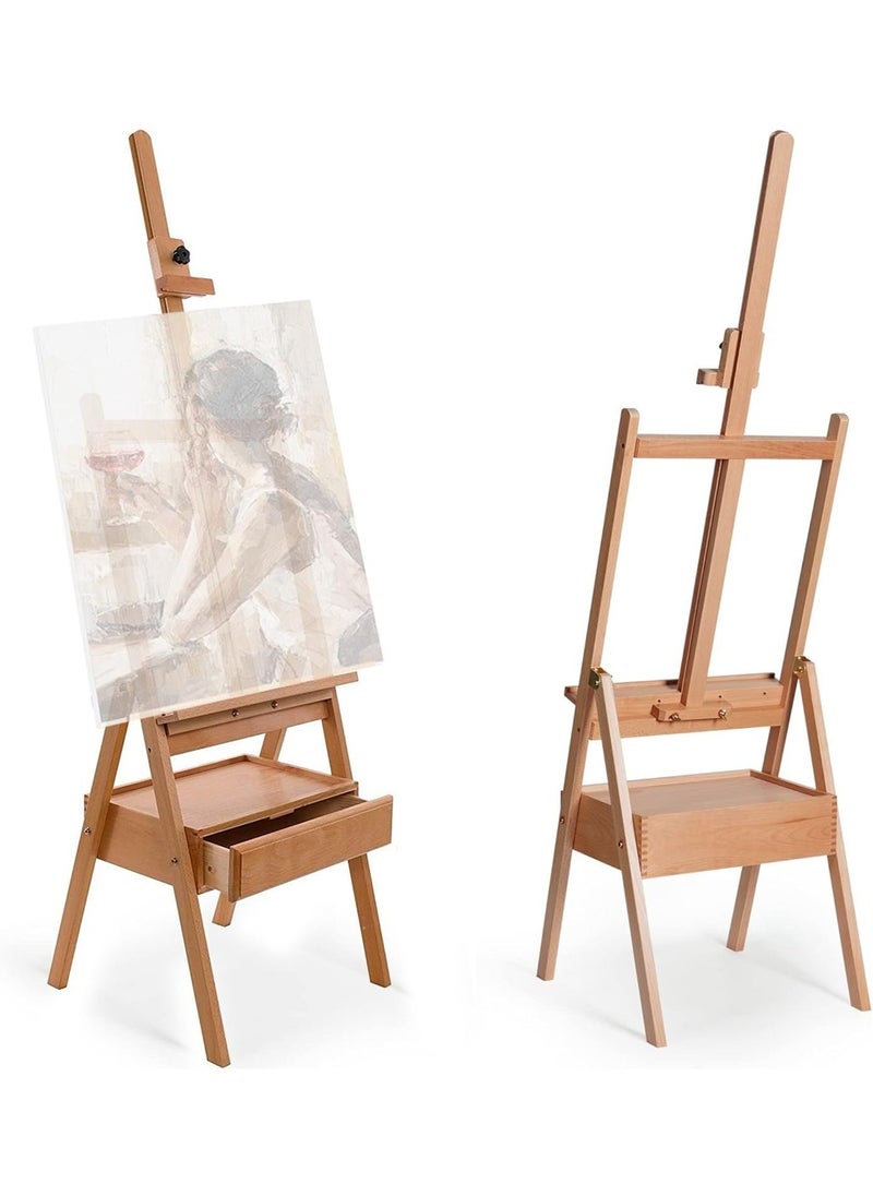 L&E Large Wooden H-Frame Studio Easel with Artist Storage Drawer and Shelf - Mast Adjustable, Sturdy Canvas Holder Stand - Organized Painting, Drawing Sketching  - Image 1