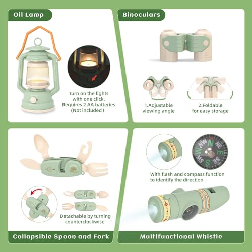 KOALA DIARY Kids Camping Toys Set Pretend Play Camping Set with Food Toy Spray Stove Oil Lantern Binoculars Compass Tableware Watch Storage Bag Birthday for Ages 3 - Image 5