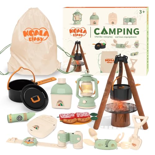 KOALA DIARY Kids Camping Toys Set Pretend Play Camping Set with Food Toy Spray Stove Oil Lantern Binoculars Compass Tableware Watch Storage Bag Birthday for Ages 3 - Image 1