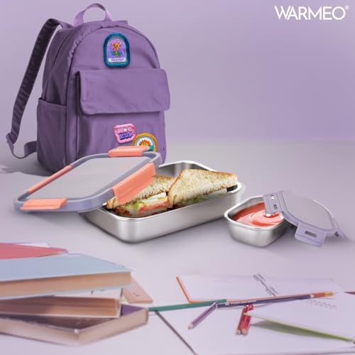WARMEO Carnival Stainless Steel Airtight Leak-Proof Lunch Box, Light Weight, Easy to Clean, Perfect for Office, School, Picnic & Travelling, Set of 2 (1000ml+150ml) Purple & Peach - Image 2