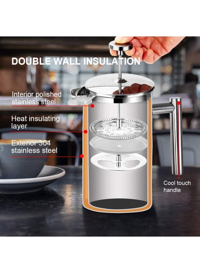 Secura French Press Coffee Maker 304 Grade Stainless Steel Insulated Coffee Press with 2 Extra Screens 34oz 1 Litre Silver - Image 3