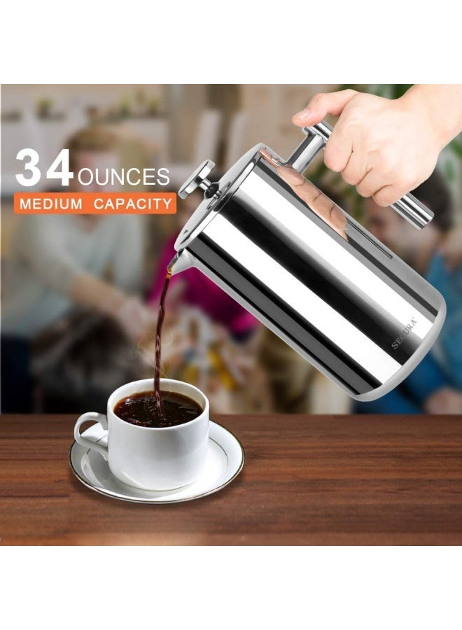 Secura French Press Coffee Maker 304 Grade Stainless Steel Insulated Coffee Press with 2 Extra Screens 34oz 1 Litre Silver - Image 2