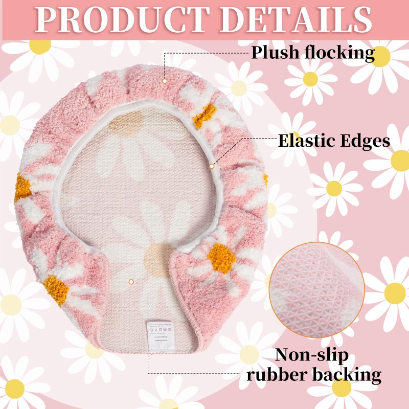 mamrug Pink Flower Bathroom Toilet lid, Cute Daisy Toilet lid Cover, Machine Washable, Beautiful and Soft Bathroom Decoration Suitable for Most Round, Oval and Long Toilet Seats (Pink) - Image 3