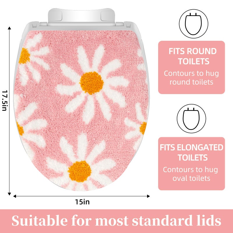 mamrug Pink Flower Bathroom Toilet lid, Cute Daisy Toilet lid Cover, Machine Washable, Beautiful and Soft Bathroom Decoration Suitable for Most Round, Oval and Long Toilet Seats (Pink) - Image 2