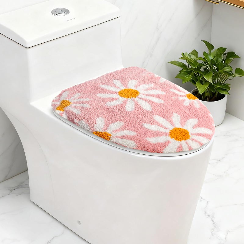 mamrug Pink Flower Bathroom Toilet lid, Cute Daisy Toilet lid Cover, Machine Washable, Beautiful and Soft Bathroom Decoration Suitable for Most Round, Oval and Long Toilet Seats (Pink) - Image 5