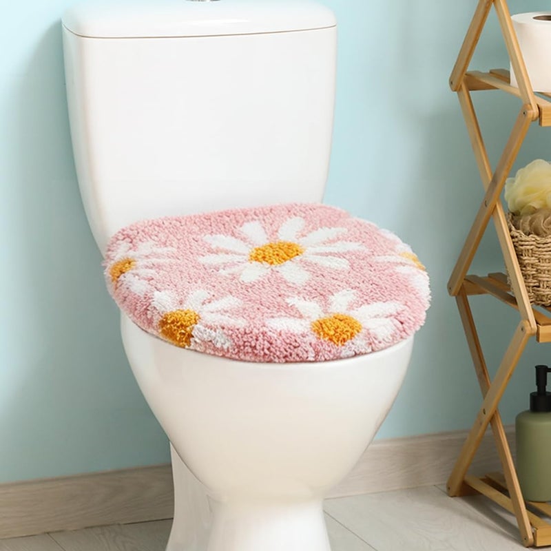mamrug Pink Flower Bathroom Toilet lid, Cute Daisy Toilet lid Cover, Machine Washable, Beautiful and Soft Bathroom Decoration Suitable for Most Round, Oval and Long Toilet Seats (Pink) - Image 1