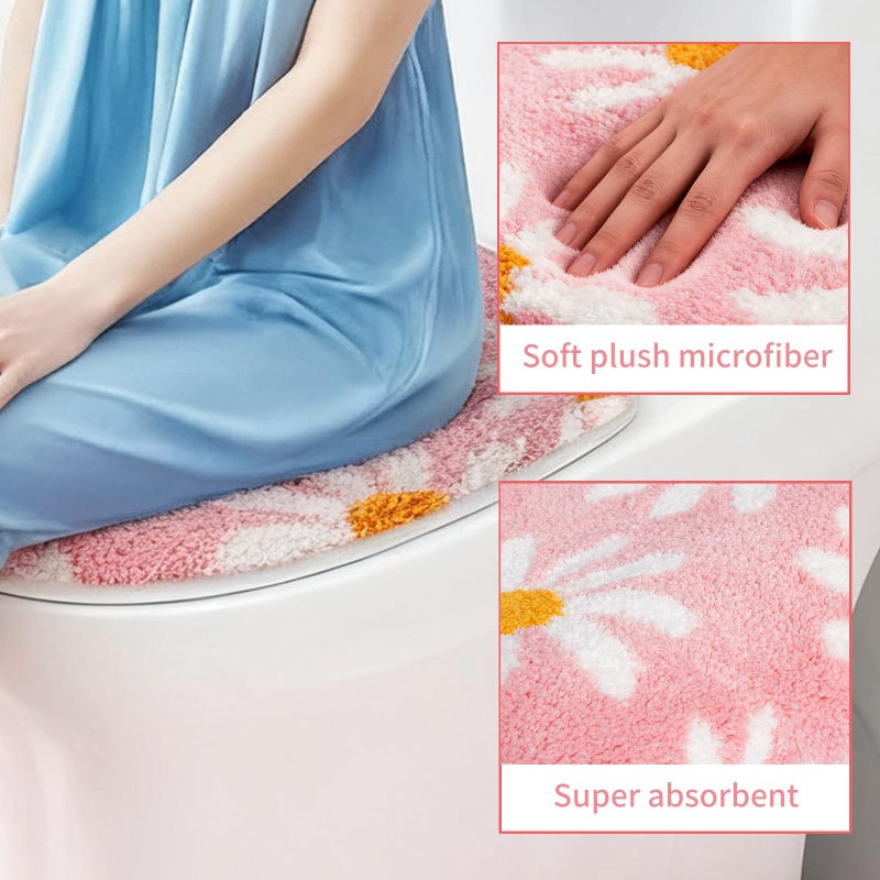 mamrug Pink Flower Bathroom Toilet lid, Cute Daisy Toilet lid Cover, Machine Washable, Beautiful and Soft Bathroom Decoration Suitable for Most Round, Oval and Long Toilet Seats (Pink) - Image 4