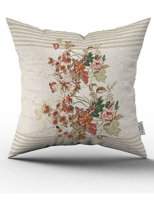 Cango Home Double Sided Cream Orange Striped Floral Panel Patterned Digital Printed Throw Pillow Cover CGH1061