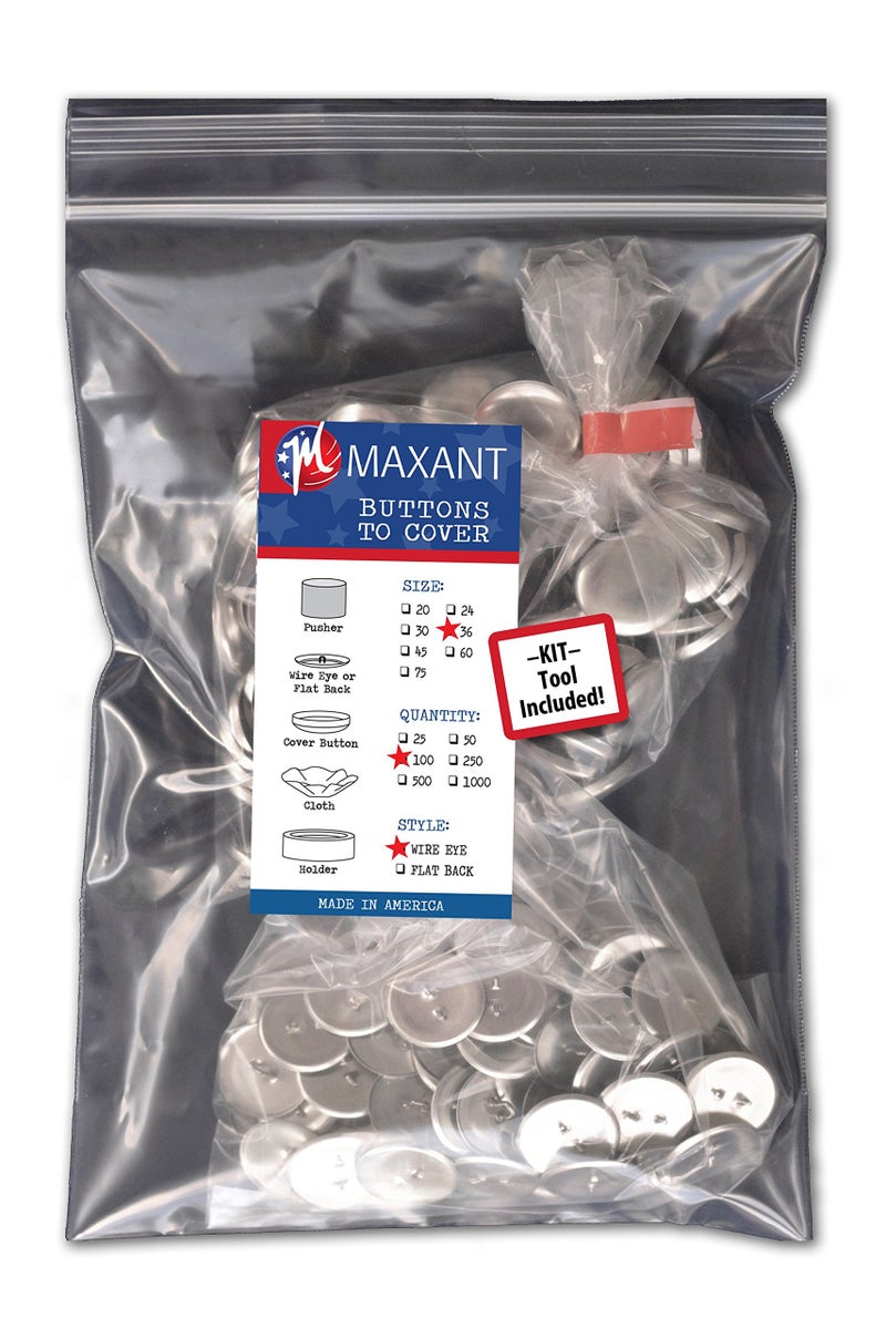 M MAXANT 100 Buttons to Cover - Made in USA - Self Cover Buttons with Wire Eyes Size 36 with Tool - Image 1