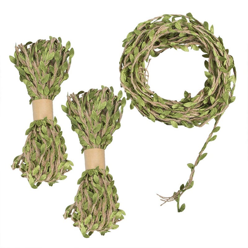 YuCool 98 Feet 5MM Burlap Leaf Ribbon Natural Wall Hanging Jute Vine Twine with Artificial Green Leaves for Rustic WeddingHomeGardenJungle Party Decorations and DIY Crafts Decor3 Rolls