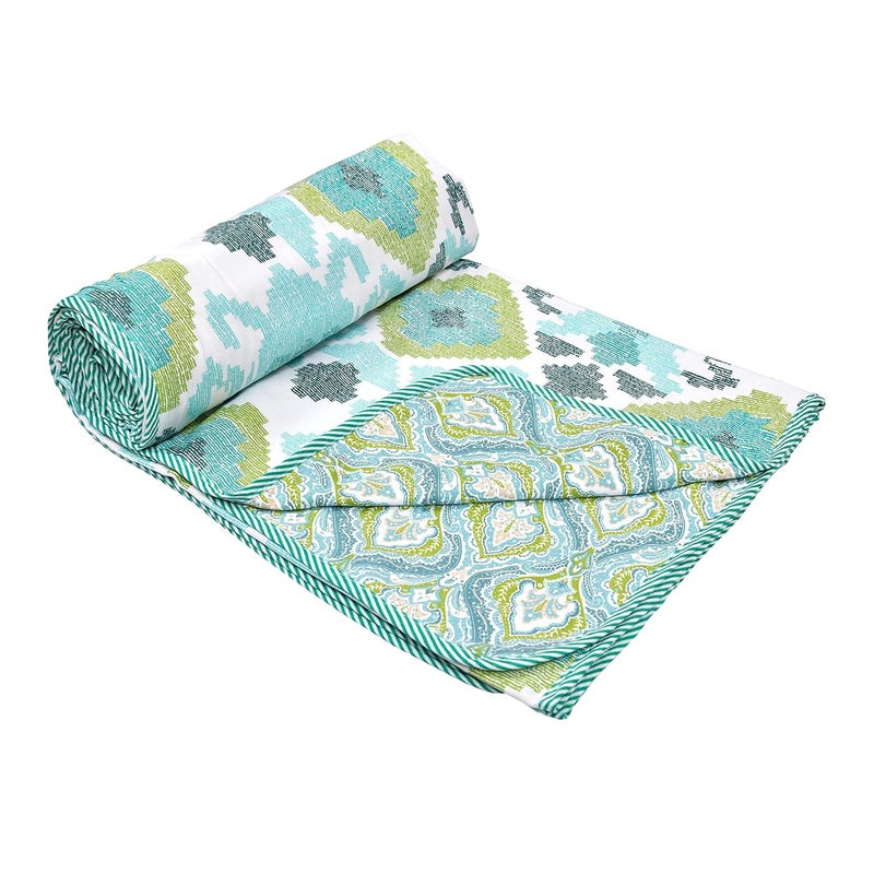CHICERY Cotton Reversible DoharAC Blanket for Single Bed All Weather Light Weight Pack of 1Green Flower