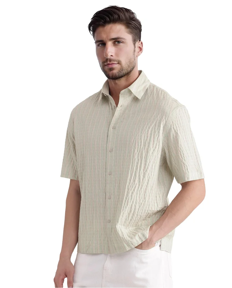 Rare Rabbit Men's Seersucker Stripe Boxy Fit Shirt