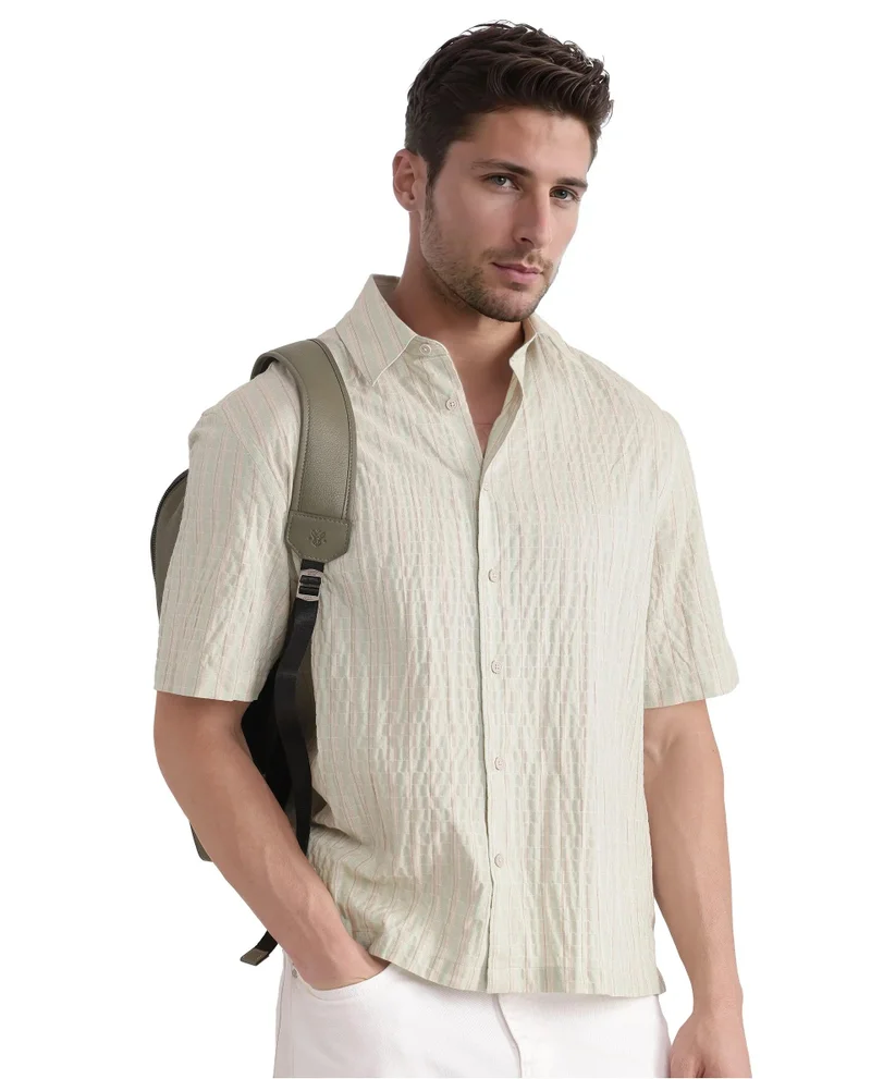 Rare Rabbit Men's Seersucker Stripe Boxy Fit Shirt