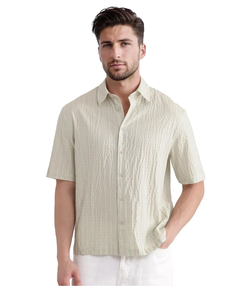 Rare Rabbit Men's Seersucker Stripe Boxy Fit Shirt