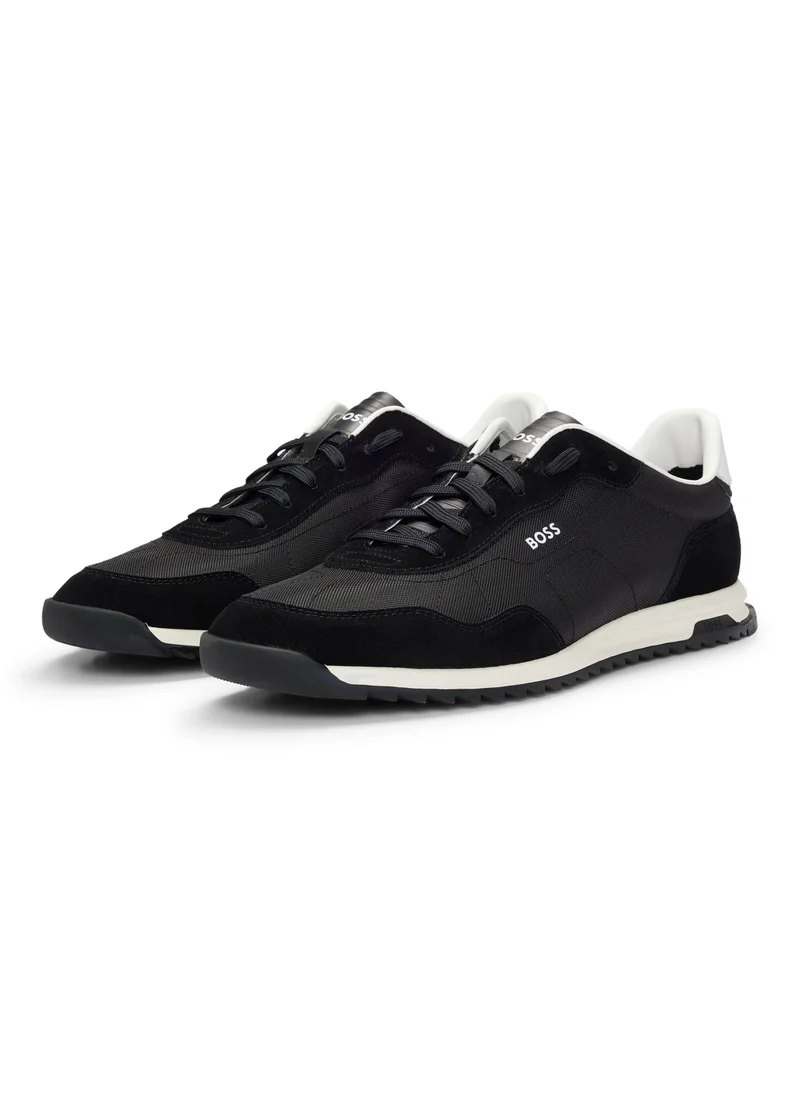 بوس Textured-fabric lace-up trainers with suede trims