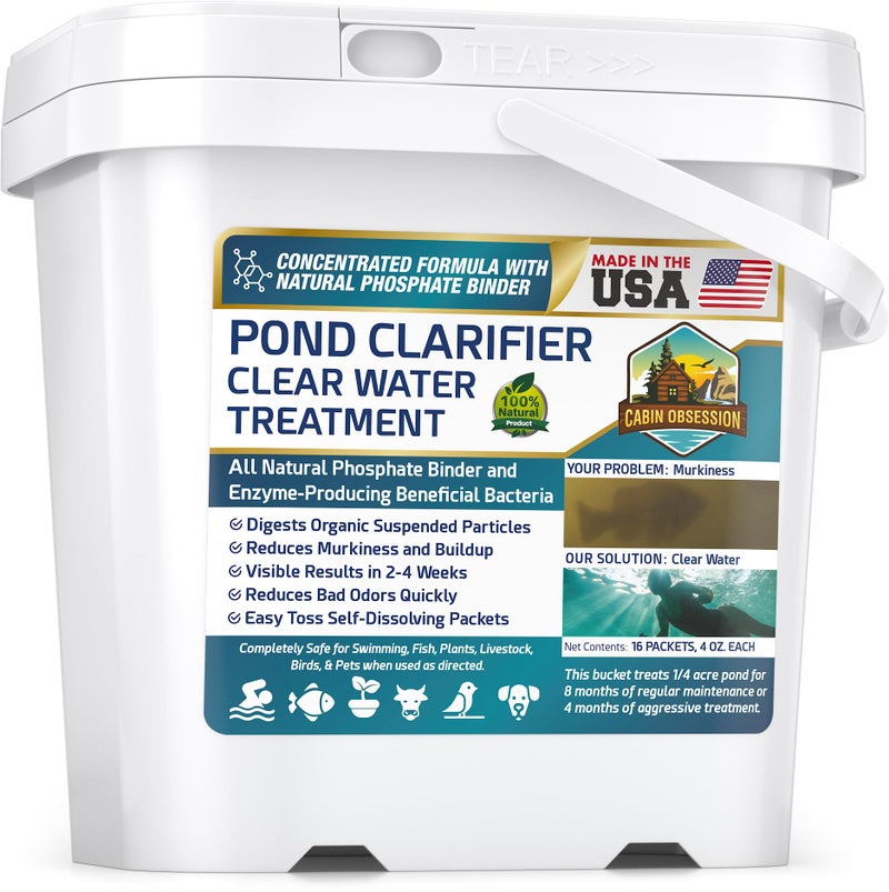 Cabin Obsession Pond Clear Water Treatment 16 Pack for 8 Months of Pond Cleaner Supply Pond Clarifier for Outdoor Ponds 100 Natural Pond Bacteria Packets Made in The USA Safe for Fish Pets and Swimming