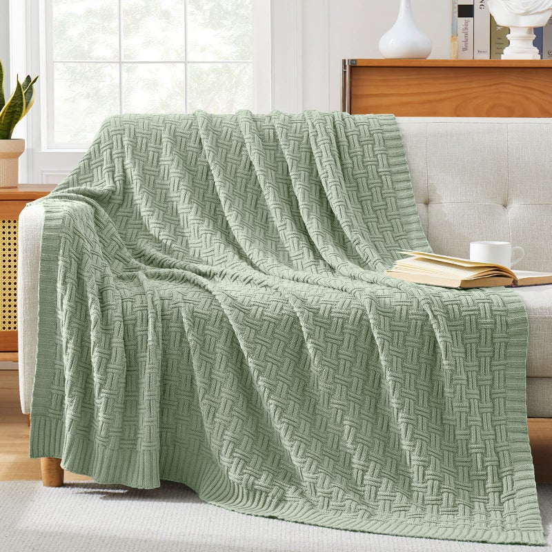 TREELY 100% Cotton Knitted Throw Blanket Couch Cover Blanket(31 x 40 Inches, Light Sage Green) - Image 2