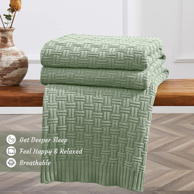 TREELY 100% Cotton Knitted Throw Blanket Couch Cover Blanket(31 x 40 Inches, Light Sage Green) - Image 3