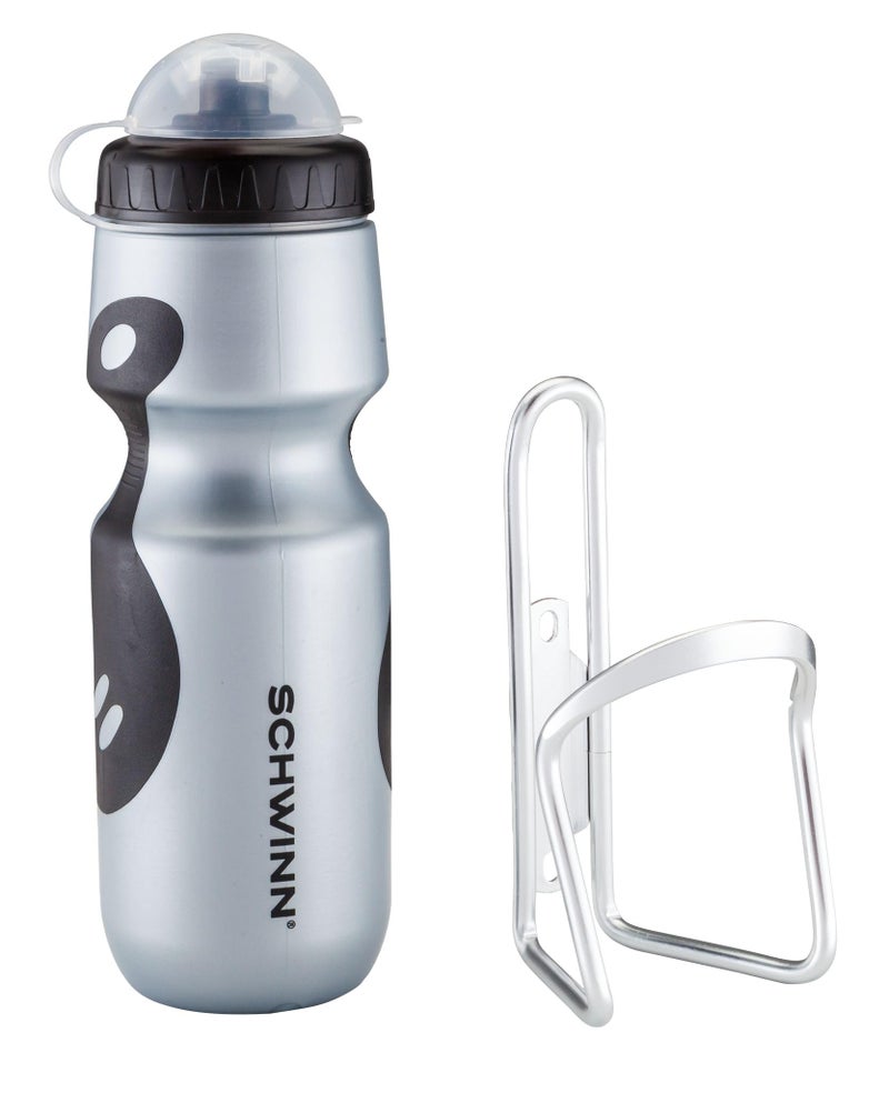 SCHWINN زجاجة ماء شوان الرياضية مع حامل للدراجة، 23 أونصة، خالية من BPA، قبضة غير قابلة للانزلاق، غطاء غبار، قفص يركب بسهولة على الدراجة، مجموعة حامل زجاجة ماء للدراجة - Image 1