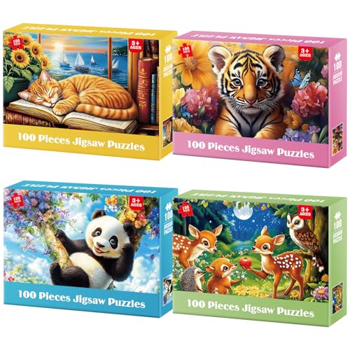 Jeacirio 4Pack 100 Pieces Puzzles for Kids Ages 46 68 Panda Tiger Deer Cat Puzzles 100 Pieces Jigsaw Puzzles for Kids 810 Year Old Large Piece Puzzle for Seniors Puzzle Toys for Boys and Girls - Image 1
