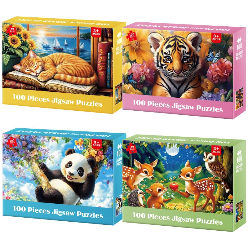 Jeacirio 4Pack 100 Pieces Puzzles for Kids Ages 46 68 Panda Tiger Deer Cat Puzzles 100 Pieces Jigsaw Puzzles for Kids 810 Year Old Large Piece Puzzle for Seniors Puzzle Toys for Boys and Girls - Image 2