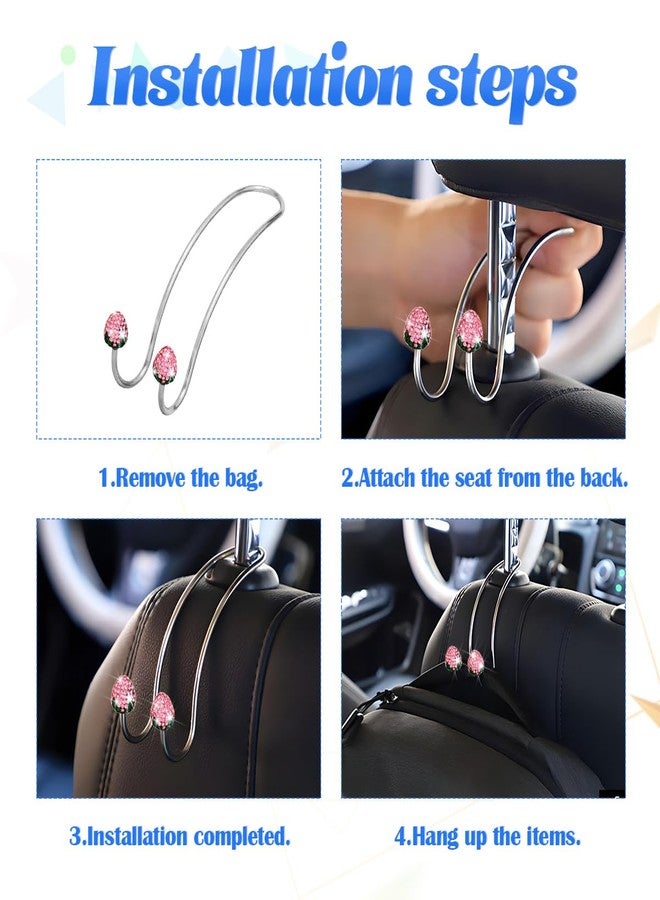 BESULEN Strawberry Car Decor Hooks, 2 Pack Bling Diamond Seat Back Organizers, Auto Headrest Storage Hangers Hooks for Purse Handbag Clothes Grocery, Universal Car Accessories for Women (AB) - Image 5