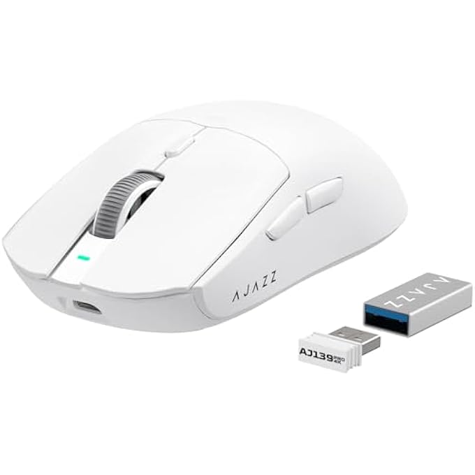A-jazz فأرة ألعاب لاسلكية خفيفة للغاية AJAZZ AJ139PRO، مستشعر PAW3395، 26000 DPI، 4000HZ، فأرة ألعاب سلكية 2.4GHZ/USB C، 6 أزرار قابلة للبرمجة، عمر بطارية 700 ساعة، للكمبيوتر/ماك - أبيض - Image 1