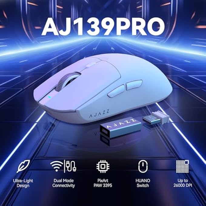 A-jazz فأرة ألعاب لاسلكية خفيفة للغاية AJAZZ AJ139PRO، مستشعر PAW3395، 26000 DPI، 4000HZ، فأرة ألعاب سلكية 2.4GHZ/USB C، 6 أزرار قابلة للبرمجة، عمر بطارية 700 ساعة، للكمبيوتر/ماك - أبيض - Image 2