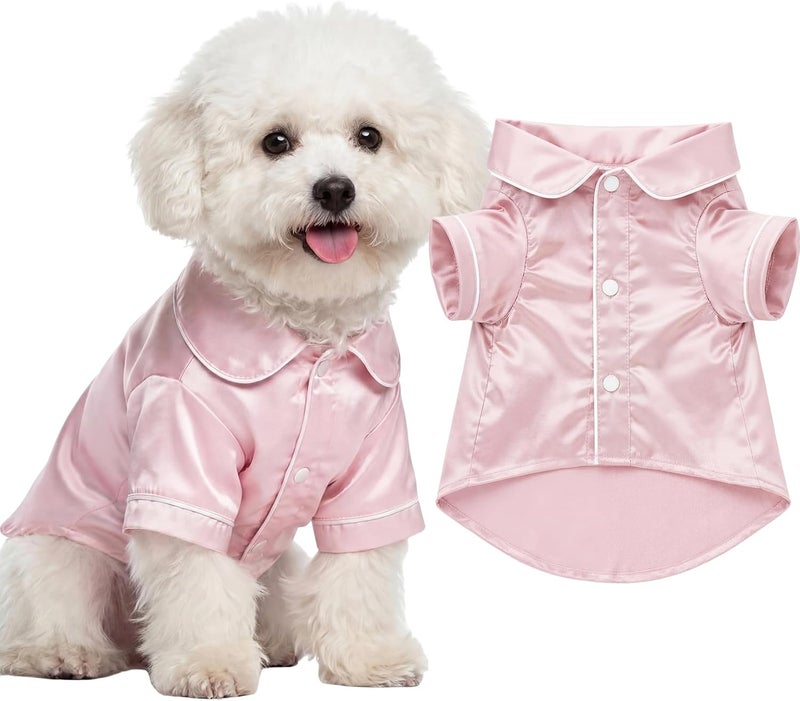 Cosblank Dog Silk Pajamas Shirts Puppy Satin Pjs Pet Sleepwear Soft Faux Silk Lapel Two-Legged for Small Dogs Bridal Party(S,Pink) - Image 1