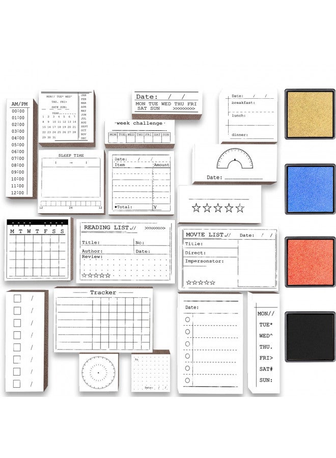 Rancco 18 Pcs Journal Stamps w/Ink Pad, 4 Set Bujo Stamp Calendar Planner Stencil for Journal DIY, to Do List, Tasks, Month Week Dates Organizer, Scrapbooking Craft, Enhance and Simplify Your Planner - Image 1