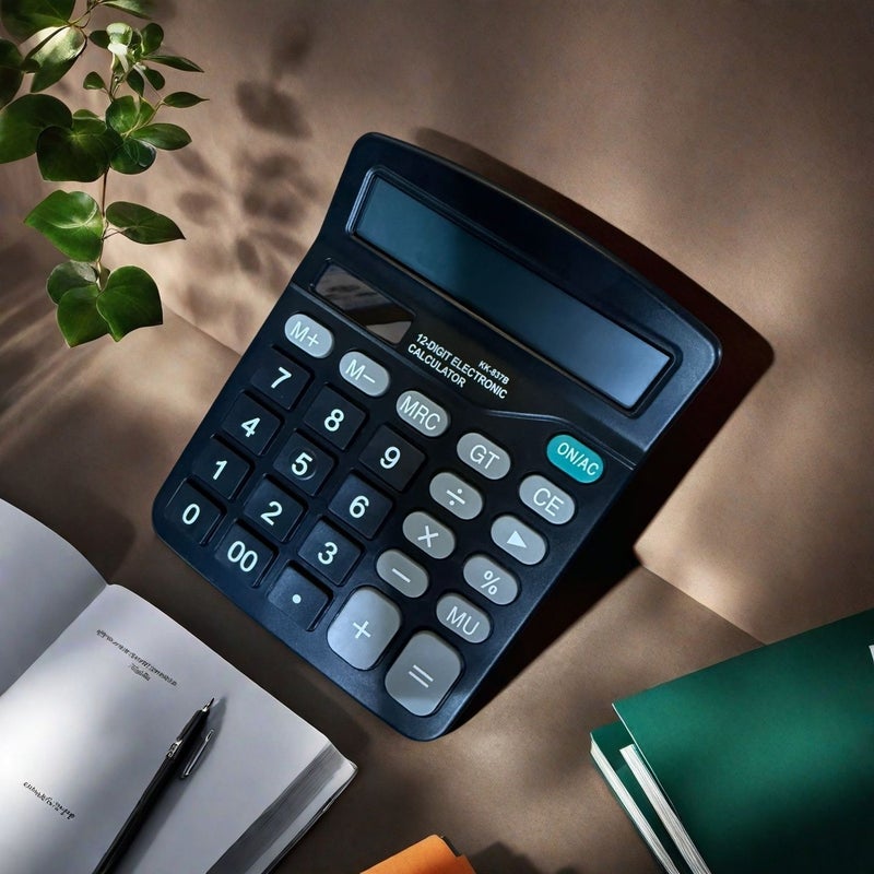 آلة حاسبة إلكترونية من فئة المكاتب والأعمال المالية، شاشة LCD كبيرة بعرض رقمي LED، أدوات تعليمية للحساب، لون أسود - 12 رقماً. - Image 3