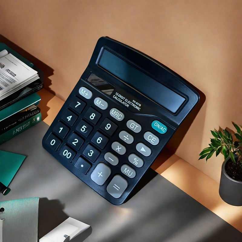 آلة حاسبة إلكترونية من فئة المكاتب والأعمال المالية، شاشة LCD كبيرة بعرض رقمي LED، أدوات تعليمية للحساب، لون أسود - 12 رقماً. - Image 4