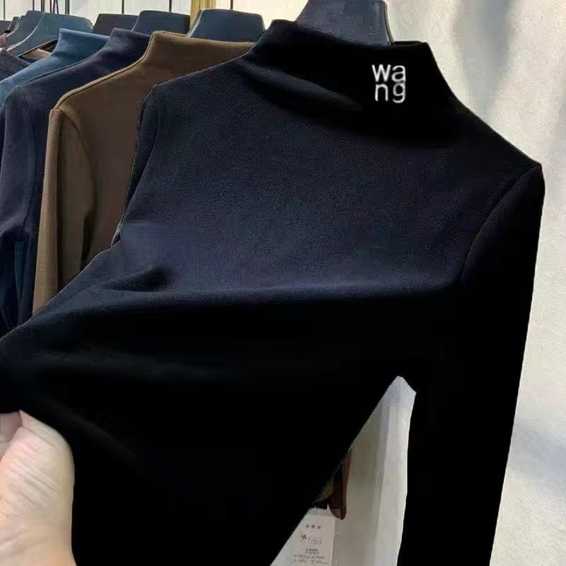 De Rong Slim Fit Half-Turtleneck Warm Base Layer Shirt New Korean Style Long Sleeve T-Shirt Women'S - Image 1