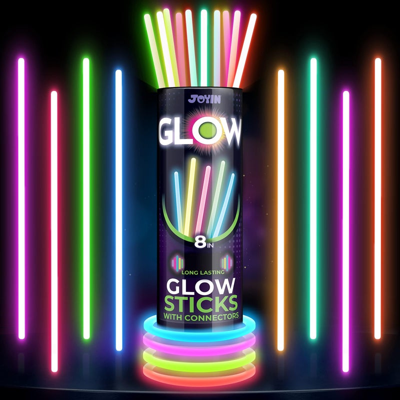 JOYIN 300 Pcs 8" Glow sticks Bulk Party Favors Pack, Neon Glow in the Dark Party Supplies, Light Up Necklaces and Bracelets with Connectors, Christmas, Halloween, Football, Birthday Decorations - Image 1