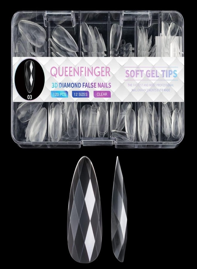 QUEENFINGER Soft Gel Nail Tips, 120pcs 3D Diamond-Shaped Fake Nails Extension, 12 Sizes Full Cover Clear Press-On Tip, Natural Rhombus Lattice (Clear Diamond, 03) - Image 1