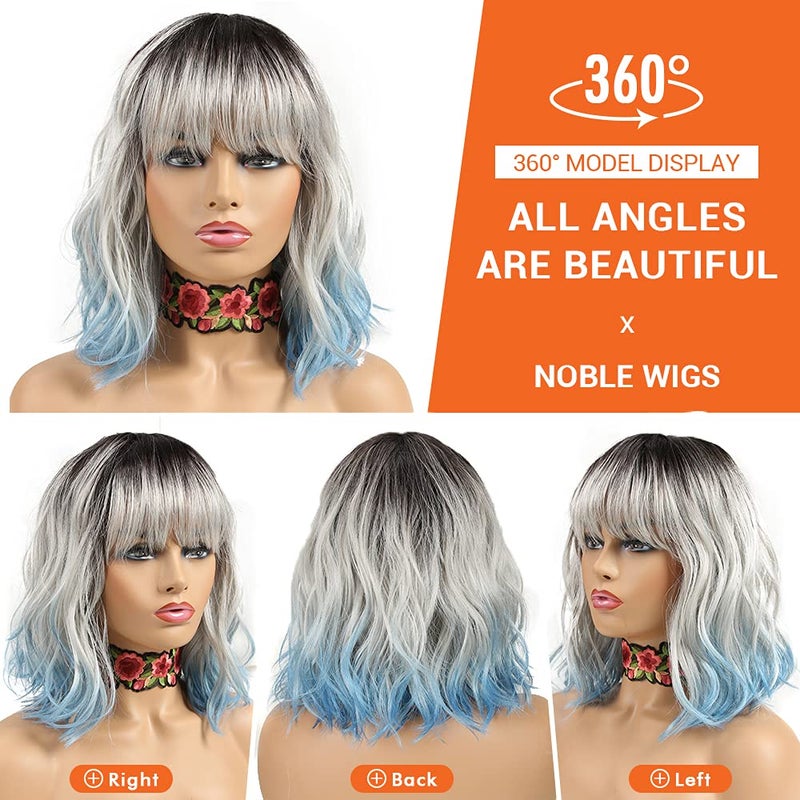 NOBLE Blue Wig with Bangs 12 Inches Short Bob Curly Wig Blue Wigs for Women Colorful Wavy Bob Wigs with Air Bangs Heat Resistant Synthetic Silver Blue Halloween Wigs for Cosplay Party - Image 3