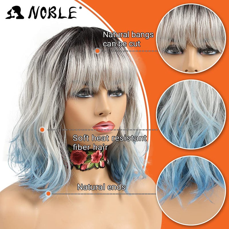 NOBLE Blue Wig with Bangs 12 Inches Short Bob Curly Wig Blue Wigs for Women Colorful Wavy Bob Wigs with Air Bangs Heat Resistant Synthetic Silver Blue Halloween Wigs for Cosplay Party - Image 2