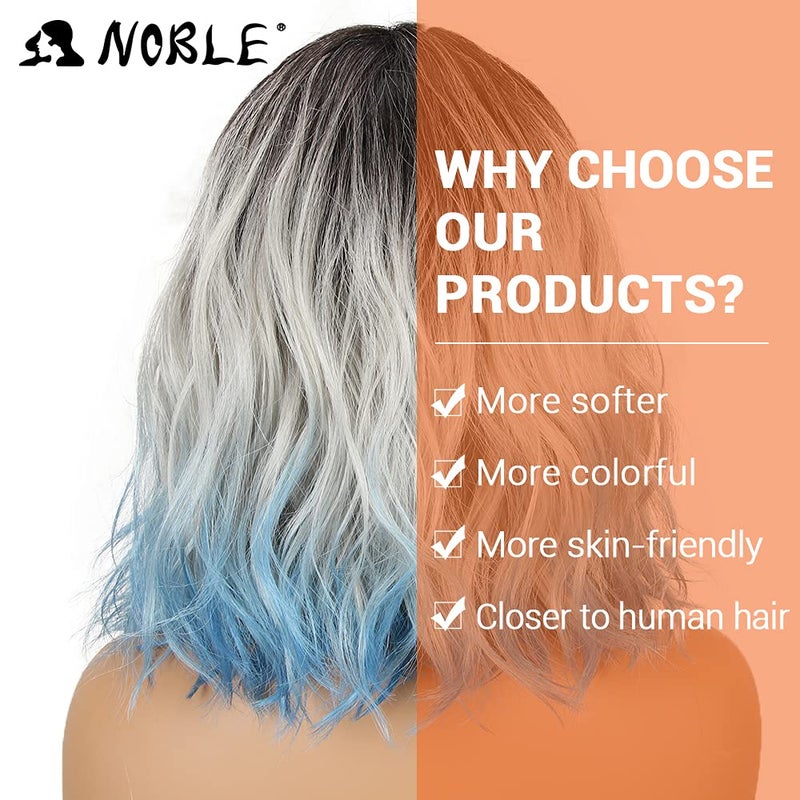 NOBLE Blue Wig with Bangs 12 Inches Short Bob Curly Wig Blue Wigs for Women Colorful Wavy Bob Wigs with Air Bangs Heat Resistant Synthetic Silver Blue Halloween Wigs for Cosplay Party - Image 4