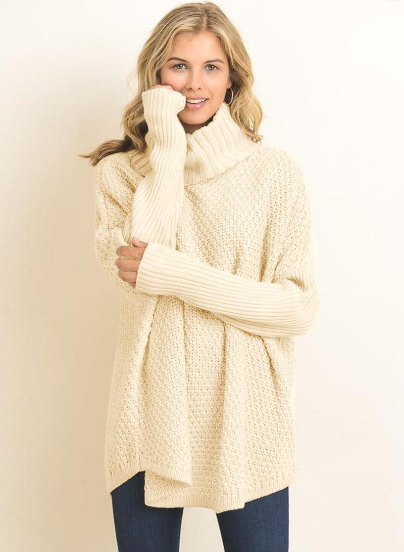 DOROSE Women Casual Turtleneck Batwing Sleeve Slouchy Oversized Ribbed Knit Tunic Sweaters Beige - Image 2
