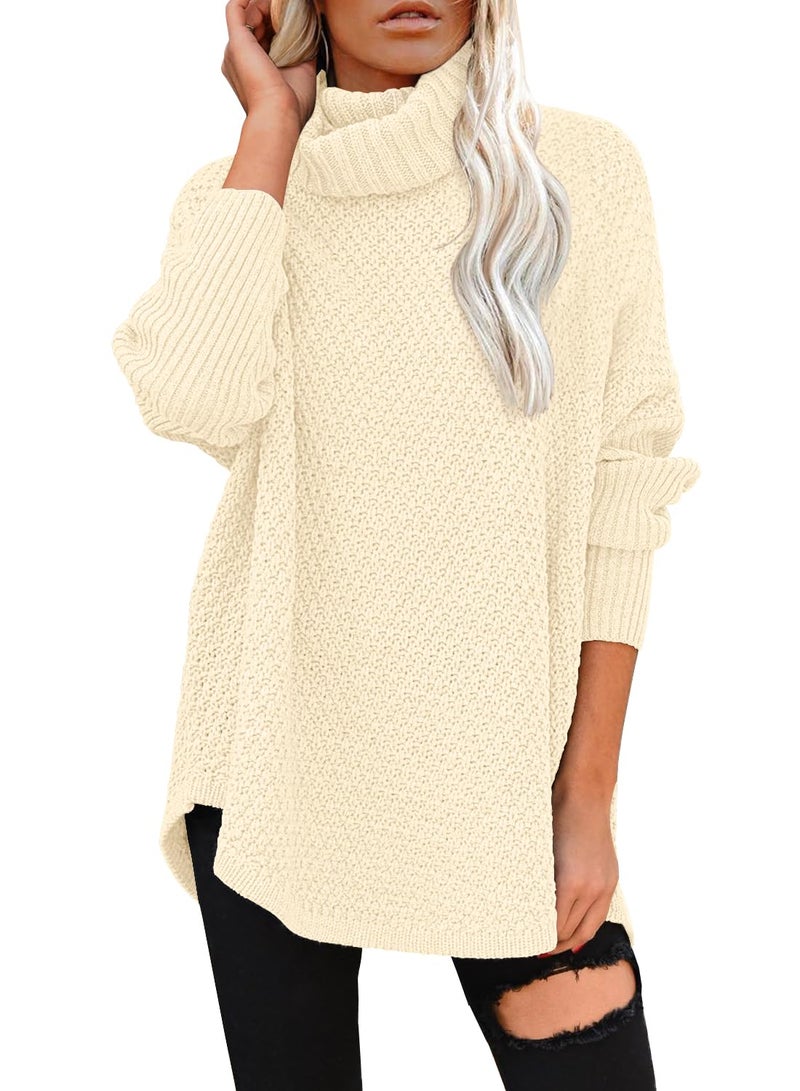 DOROSE Women Casual Turtleneck Batwing Sleeve Slouchy Oversized Ribbed Knit Tunic Sweaters Beige - Image 1
