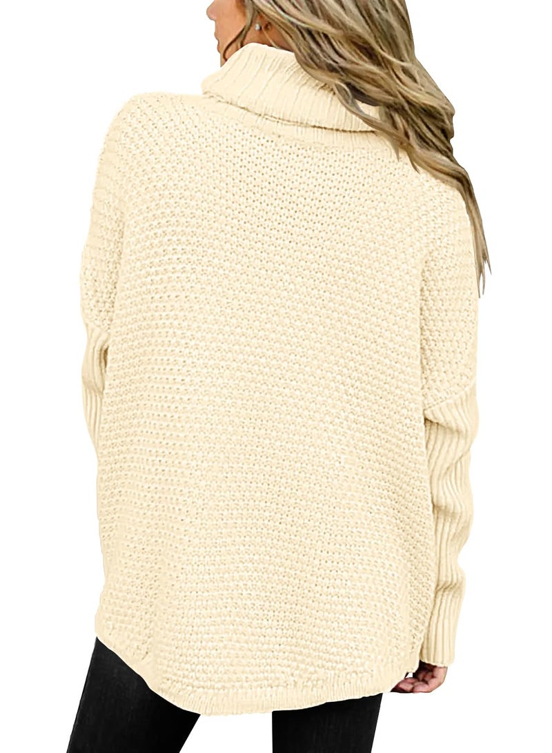 DOROSE Women Casual Turtleneck Batwing Sleeve Slouchy Oversized Ribbed Knit Tunic Sweaters Beige - Image 3