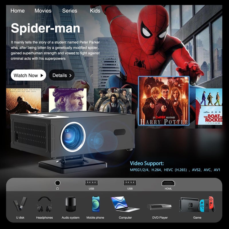 2025 Projector Full HD 1080P Supports 4K, Smart Projector 4K with WiFi 6 BT 5.0 and 360° Removable Stand, Mini Projector 4K Video Projector Home Cinema/Outdoor Projector for Mobile Phone/PC - Image 3