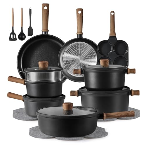 CAROTE 24Pcs Nonstick Kitchen Titanium Cookware Sets, Non stick Pots and Pans set, Induction Cookware Set Black - Image 1