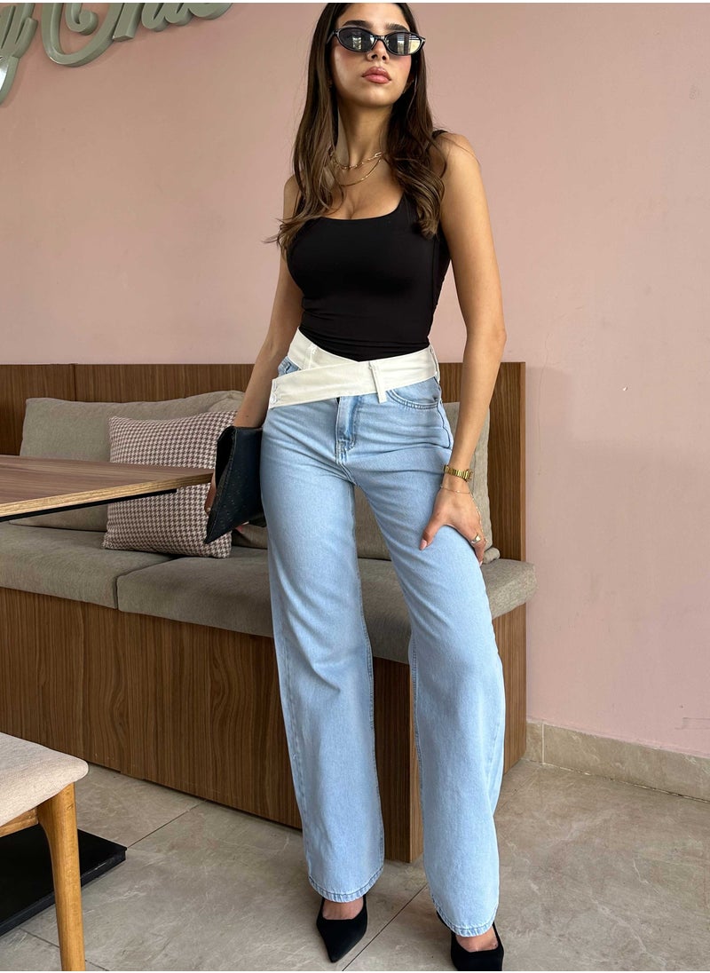 CIZARO - Straight-Leg - High-Waist Light Wash Jeans with White Folded Waistband - Image 1