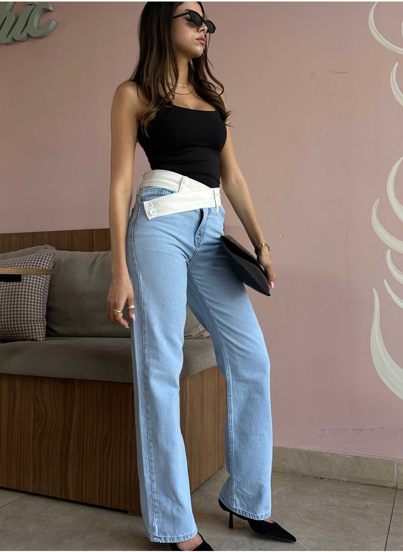 CIZARO - Straight-Leg - High-Waist Light Wash Jeans with White Folded Waistband - Image 1