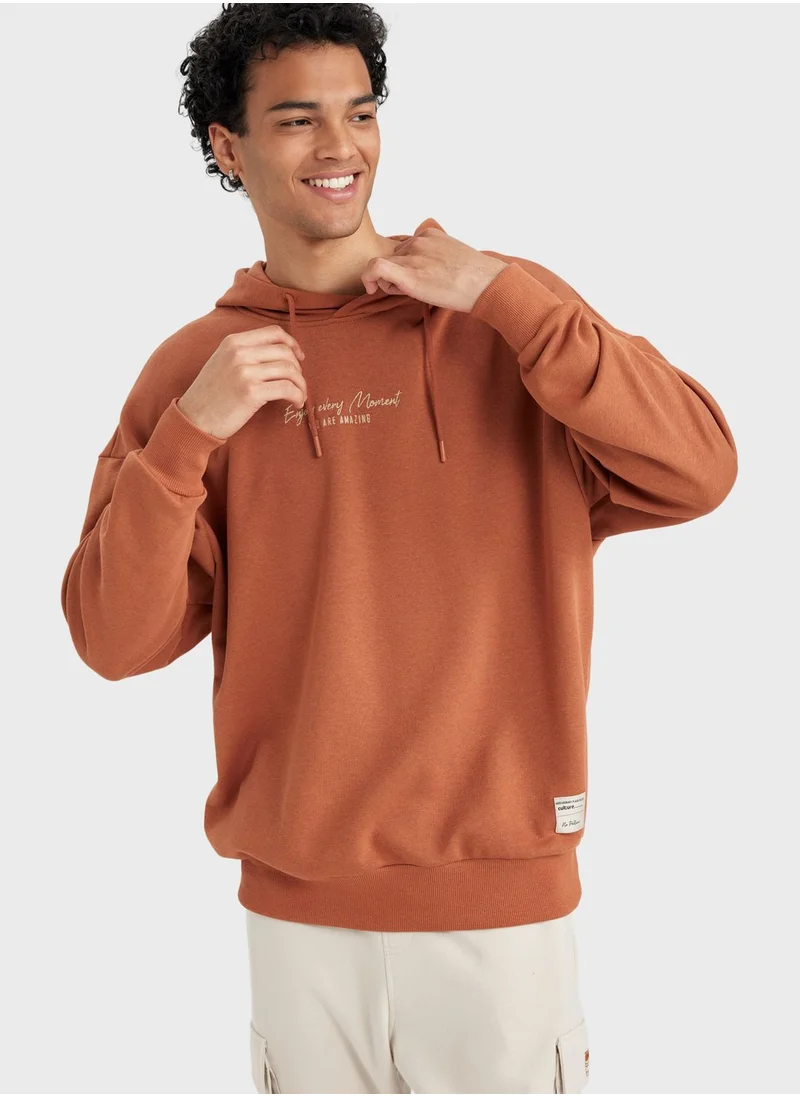 DeFacto Embroidered Slogan Hoodie