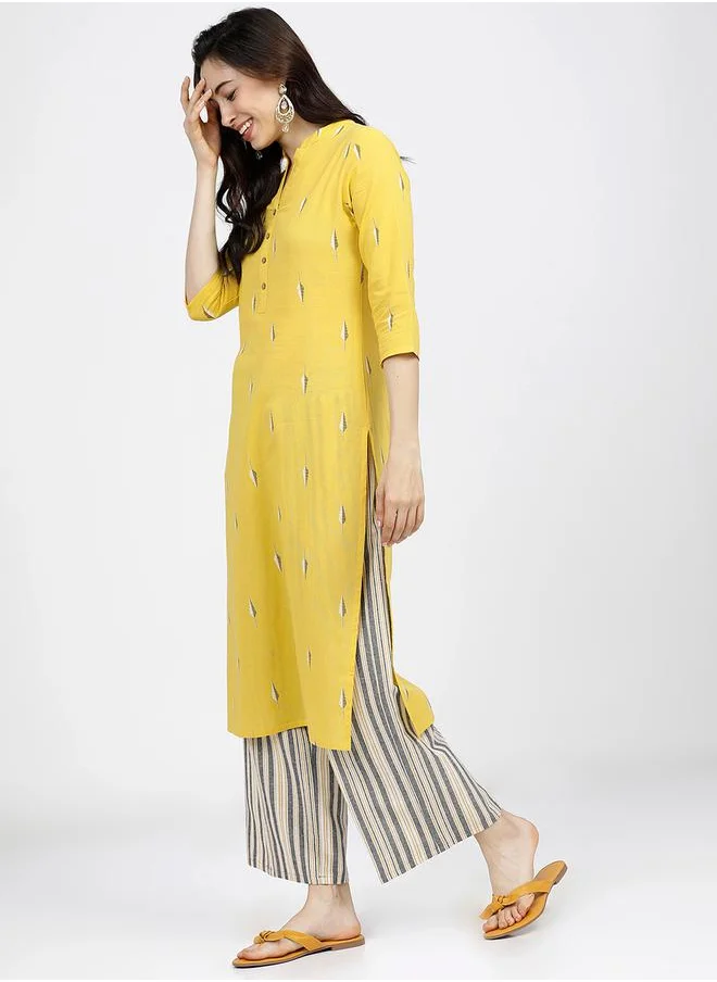 فيشود Women Yellow Printed Cotton Kurta Set by Styli