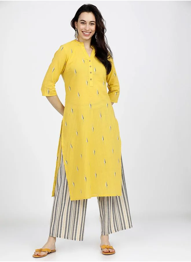فيشود Women Yellow Printed Cotton Kurta Set by Styli